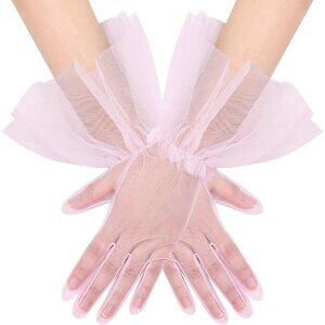 Women's Short Pink Tulle Mesh Puffy Ruffle Gloves Wedding Party Prom Costume